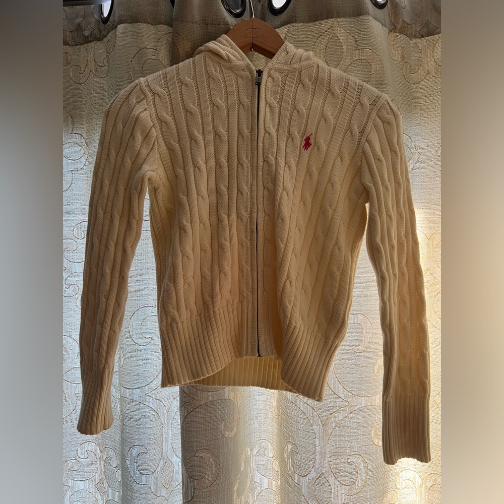 Ralph Lauren girls cream hooded zip up sweater size medium